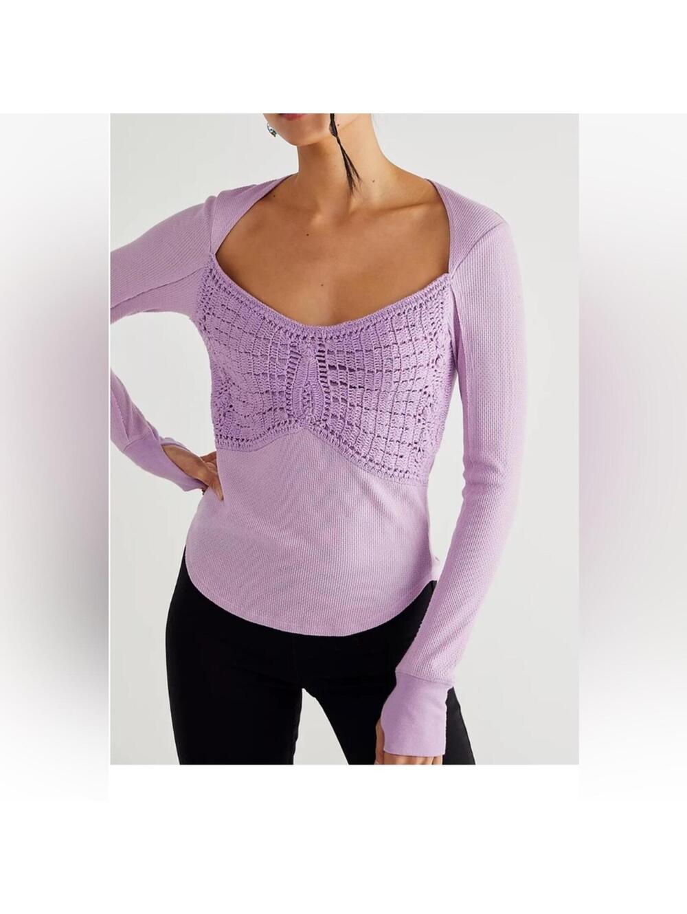 Free People lavender long-sleeve top croche Butterfly Dreams  top.Sz XS #1369